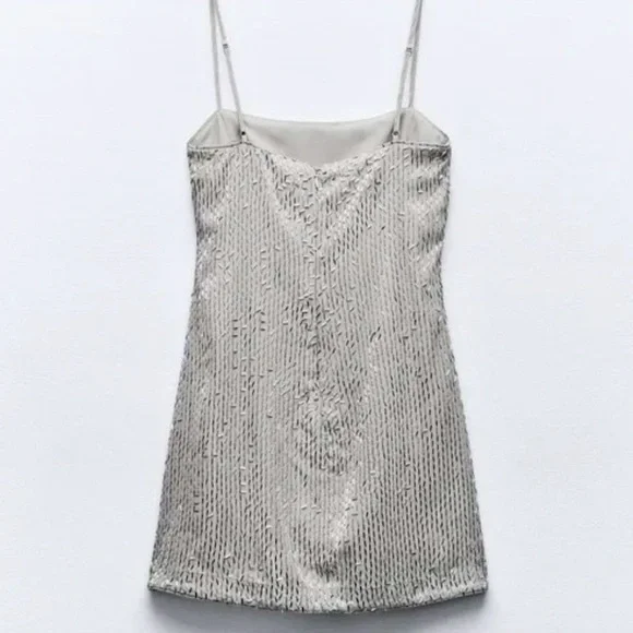 ZARA Gray Silver Beaded Spaghetti Strap Mini Dress S NWT - Picture 10 of 13